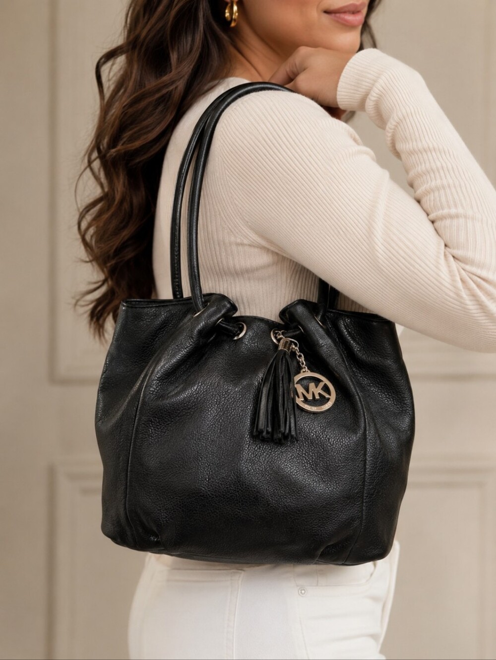 Michael Kors Black Pebbled Leather Shoulder Tote with Tassel and MK Charm